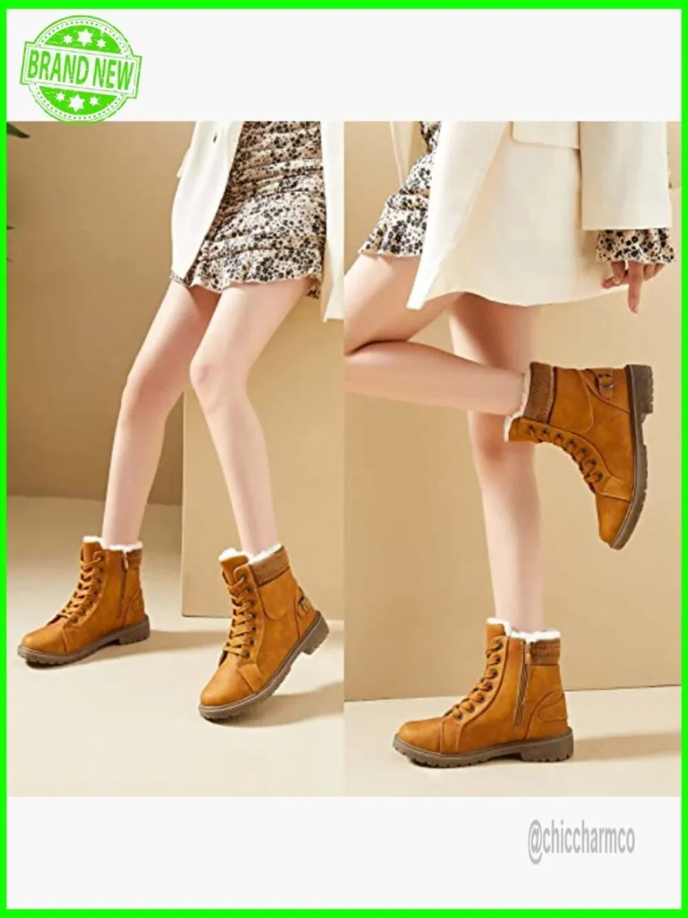 Lace Up Combat Boot Winter Snow Boots Warm Fur Lined Ankle Booties Waterproof